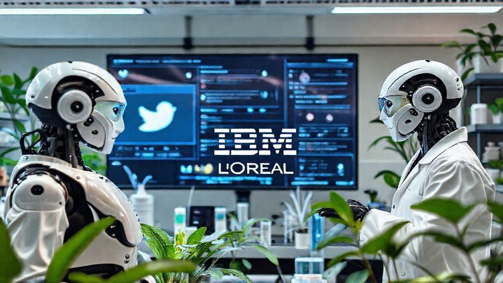 In an AI-powered lab, robots and scientists collaborate on developing new cosmetic formulas, with a large screen in the background displaying real-time data analysis from social media platforms like Twitter.