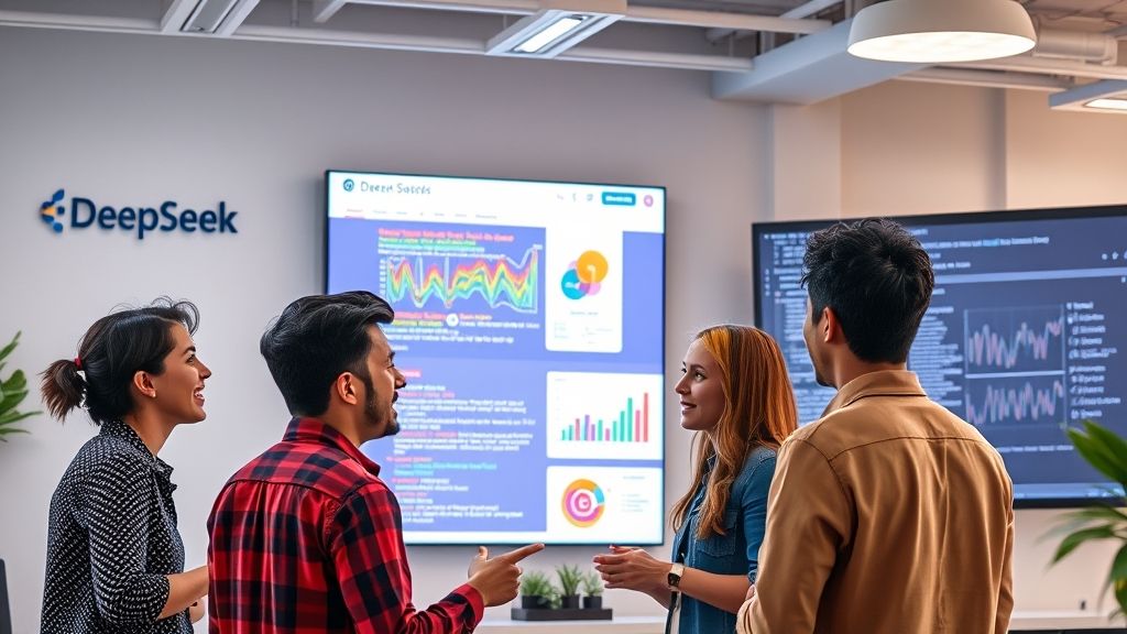 Several young AI engineers discussing technical issues in a DeepSeek office, with the company's logo and a large screen showing complex algorithms and data analysis from Quora in the background.