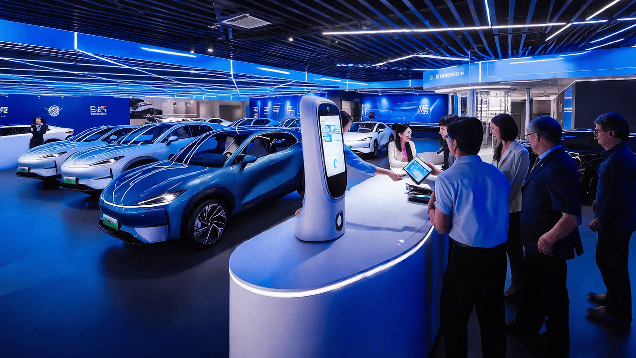 GAC GoMate humanoid robot providing intelligent customer service in a car showroom, showcasing the application of AI technology in customer service